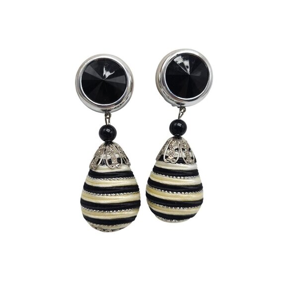 Vintage 1980s Striped Clip Teardrop Earrings Black Faceted Silver Tone Details - Picture 1 of 4